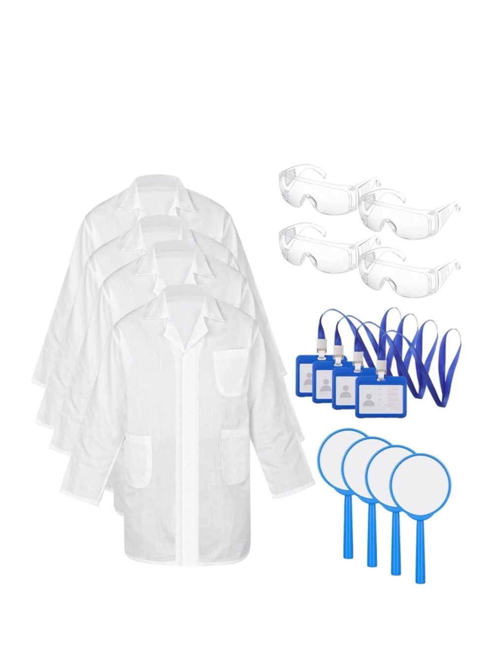 NWT 4 Lab Coat Kits (16 pcs) Doctor Coat Glasses ID Card for Projects Scientist